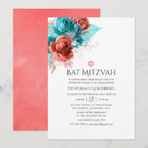 Turquoise en levend koraal bloemige Bat Mitzvah Kaart
