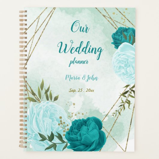turquoise en lichtblauwe bloemen groen trouwen planner (Voorkant)