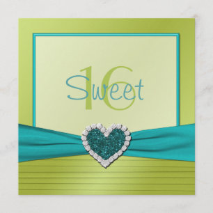 Turquoise en Limoen Glitter Heart Sweet Sixteen Kaart