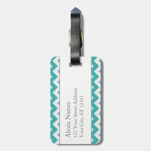 Turquoise en Limoen Monogram Chevron Print Bagagelabel (Achterkant verticaal)