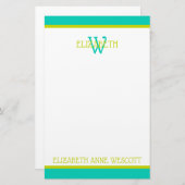 Turquoise en limoengroen monogram briefpapier (Voorkant / Achterkant)