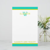 Turquoise en limoengroen monogram briefpapier (Staand voorkant)