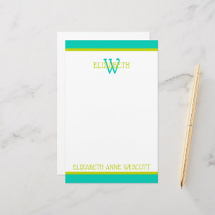 Turquoise en limoengroene monogram briefpapier
