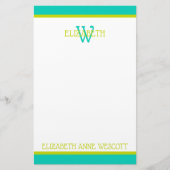 Turquoise en limoengroene monogram briefpapier (Voorkant)