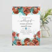 Turquoise en Living Coral Rustic Floral Wedding Kaart (Staand voorkant)