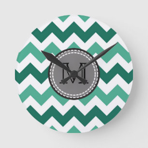 Turquoise en Mint Chevron Zigzag Monogram Ronde Klok