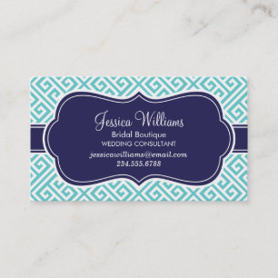 Turquoise en Navy Blauw Grieks Sleutelpatroon Visitekaartje