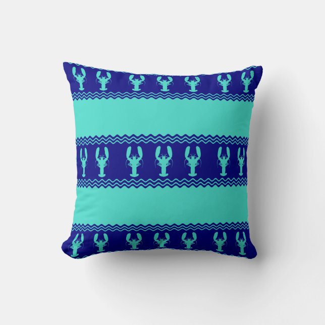 Turquoise en Navy Blue Coastal Pattern Lobster Kussen (Voorkant)