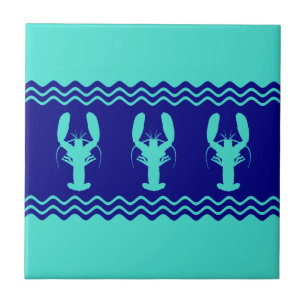 Turquoise en Navy Blue Coastal Pattern Lobster Tegeltje
