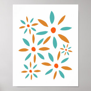 Turquoise En Oranje Abstracte Bloemen Poster