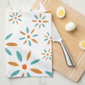 Turquoise en Oranje bloemen midden eeuw modern Theedoek (Quarter Fold)
