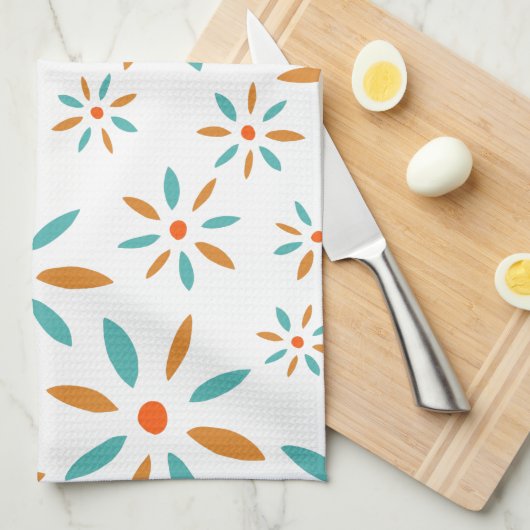 Turquoise en Oranje bloemen midden eeuw modern Theedoek (Quarter Fold)