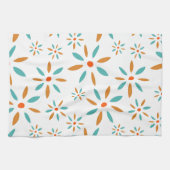 Turquoise en Oranje bloemen midden eeuw modern Theedoek (Horizontaal)