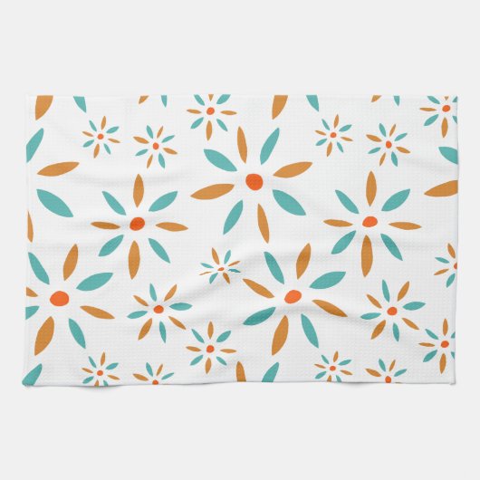 Turquoise en Oranje bloemen midden eeuw modern Theedoek (Horizontaal)