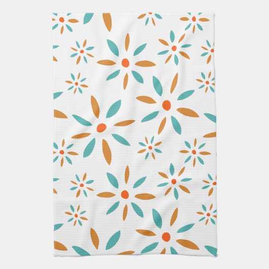 Turquoise en Oranje bloemen midden eeuw modern Theedoek (Verticaal)