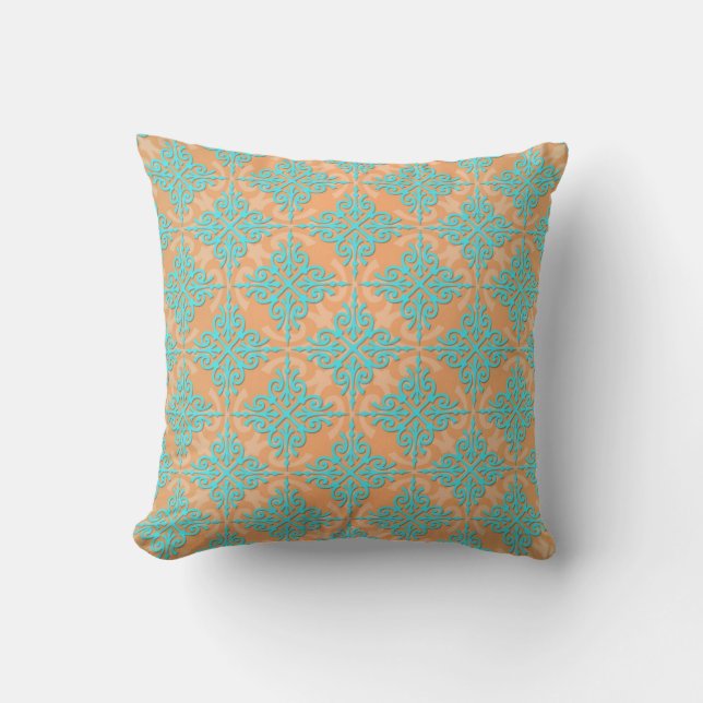 Turquoise en Oranje Damastpatroon Kussen (Voorkant)