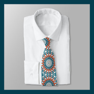 Turquoise en Oranje Geometrische Mandala Stropdas