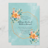 Turquoise en Oranje pioenenbruiloft Kaart (Voorkant / Achterkant)