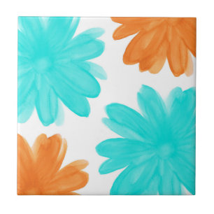 Turquoise en Oranje Waterverf Flowers Tegeltje