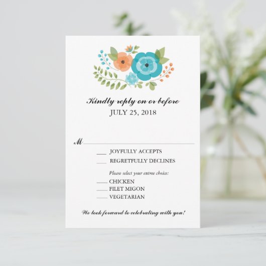 Turquoise en Oranje zomerbloemen bruiloft RSVP (Staand voorkant)
