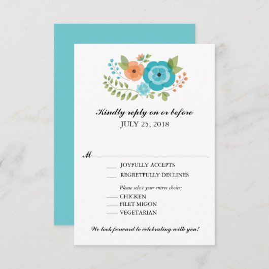 Turquoise en Oranje zomerbloemen bruiloft RSVP (Voorkant / Achterkant)