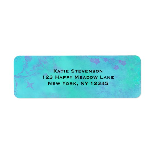 Turquoise en Paars Abstract met Faded Flowers Etiket (Voorkant)