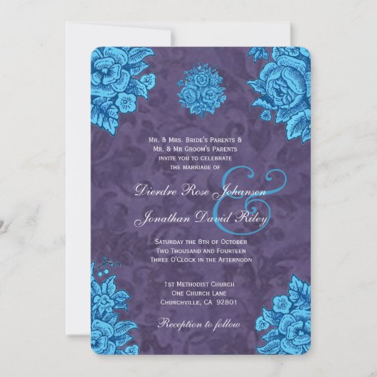 Turquoise en Paarse  Flowers Wedding V24 Kaart (Voorkant)