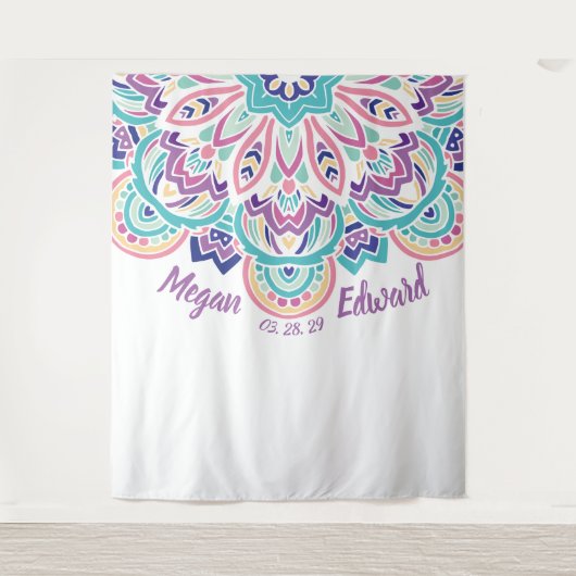 Turquoise en Paarse Moderne Bloem Bruiloft Achterw Wandkleed (Voorkant)