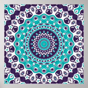 Turquoise en Paarse Moderne Mandala Patroon Poster