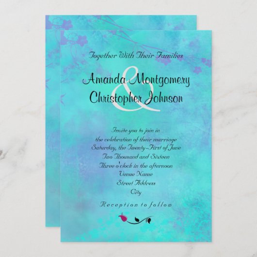 Turquoise en Paarse Waterverf Abstracte bruiloft Kaart (Voorkant / Achterkant)