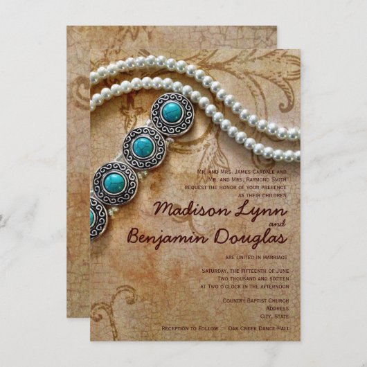 Turquoise en Pearls Rustic Wedding Invitations Kaart (Voorkant / Achterkant)