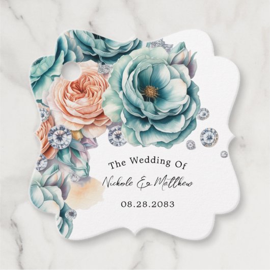 Turquoise en perzik Rozen Diamond Wedding Bedankjes Labels (Voorkant)