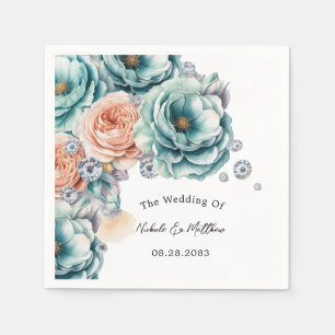 Turquoise en perzik Rozen Diamond Wedding Servet