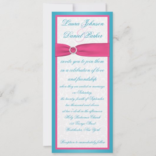Turquoise en Pink Damask Wedding Invitation Kaart (Voorkant)