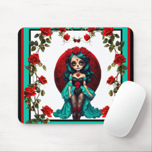 Turquoise en Rode Rozen Suiker Schedels Muismat