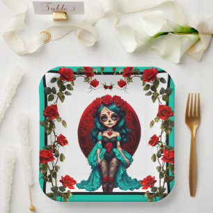 Turquoise en Rode Rozen Suiker Schedels Papieren Bordje