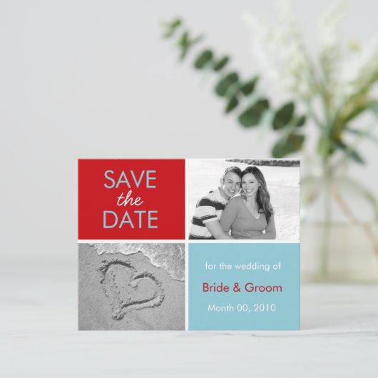 Turquoise en Rood Bewaar de datumfotokaarten Save The Date (Staand voorkant)