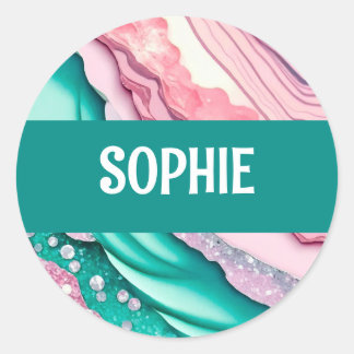 Turquoise en roze abstracte glitter ronde sticker