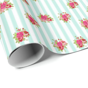 Turquoise en Roze Bloemrijke Chic Rozen shabby Ca Cadeaupapier