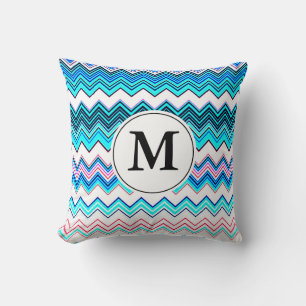 Turquoise en Roze Chevron met aangepast monogram Kussen