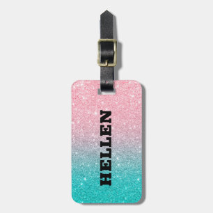 Turquoise en roze ombre faux glitter bagagelabel