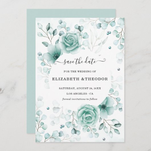 Turquoise en salie greens Bruiloft Save The Date (Voorkant / Achterkant)