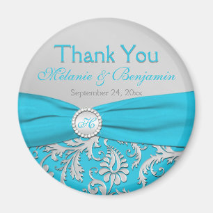 Turquoise en Silver Damask Wedding Favor Magnet Magneet