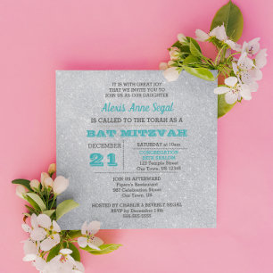Turquoise en Silver Glitter Glam Bat Mitzvah Kaart