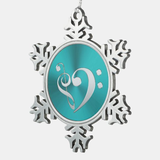 Turquoise en Silver Music Clef Heart Tin Sneeuwvlok Ornament (Rechts)
