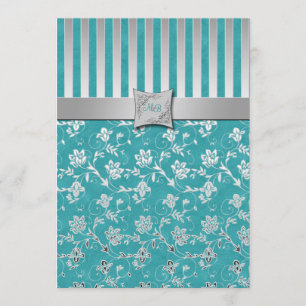 Turquoise en Silver Vine Monogrammed Invitation Kaart