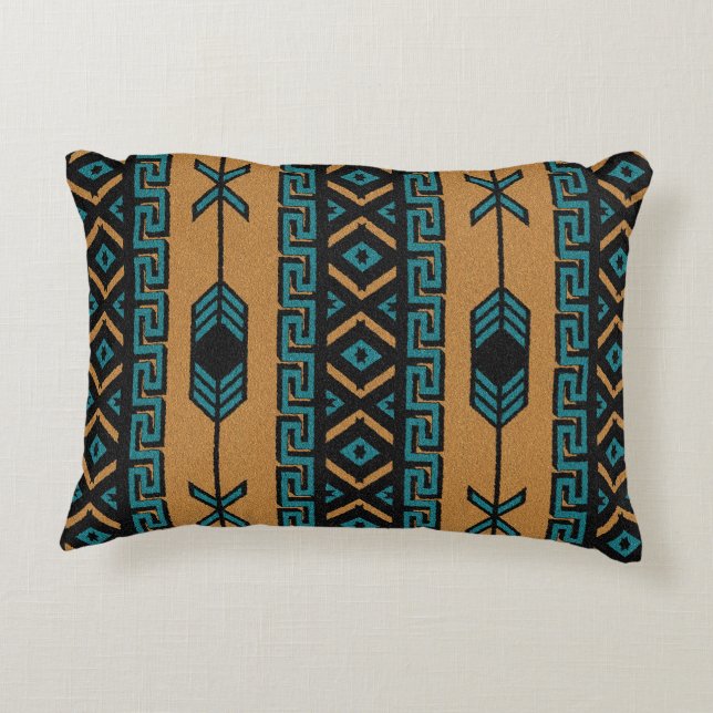 Turquoise en Tan Southwest Tribal Aztec Pattern Accent Kussen (Achterkant)