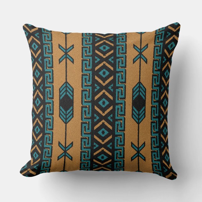 Turquoise en Tan Southwest Tribal Aztec Pattern Kussen (Voorkant)