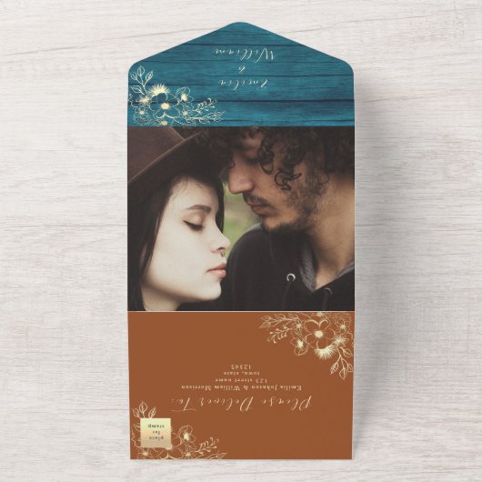 Turquoise en Terracotta Bruiloft All In One Uitnodiging (Buitenkant)