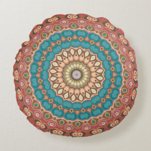 Turquoise en Terracotta geometrische mandala patro Rond Kussen